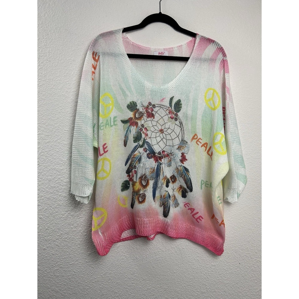 Golly Italy Dreamcatcher Peace Sign Tie Dye Lightweight Knit Top Women's L